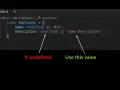 Codice JavaScript che mostra l'uso dell'operatore ternario per assegnare un valore di default se la variabile è undefined.