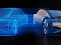 Un'auto futuristica in wireframe blu si confronta con il suo gemello digitale, mostrando la transizione dal virtuale al reale.
