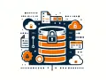 Icone di sicurezza informatica: database protetto, cloud, documenti e ingranaggi.
