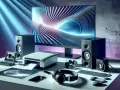 Scrivania con monitor, stampante, altoparlanti e cuffie. Ogni periferica di output contribuisce a creare un'esperienza multimediale completa.