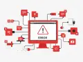 Schermo con "ERROR" e triangolo di avviso, circondato da icone rosse e grigie collegate, che illustrano il buggare significato nel mondo digitale.