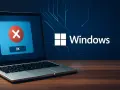Laptop con errore di sistema Windows 10. Icona rossa con X e pulsante OK. Ripristino file di sistema necessario.
