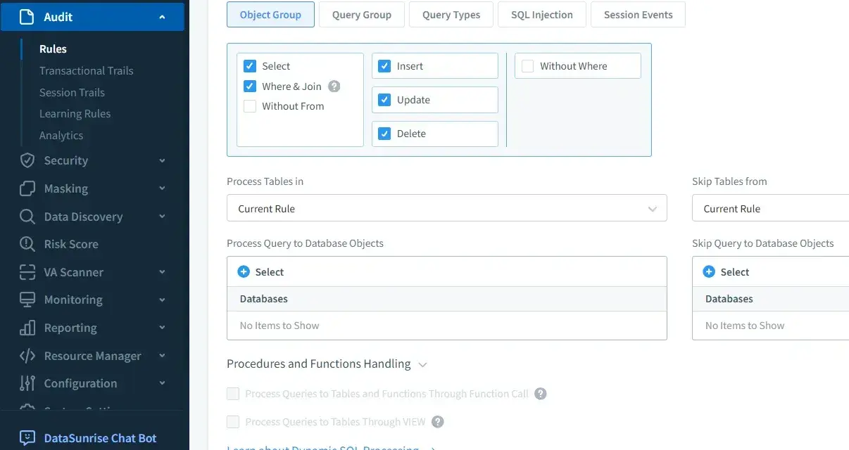 Configurazione di filtri per query SQL: selezione di tipi di elaborazione (SELECT, INSERT, UPDATE, DELETE) e gestione di tabelle e oggetti database.