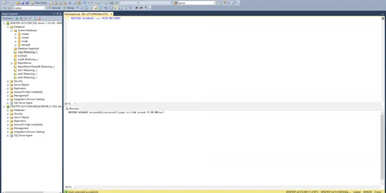 SQL Server Management Studio showing a database restore query and its successful execution message.