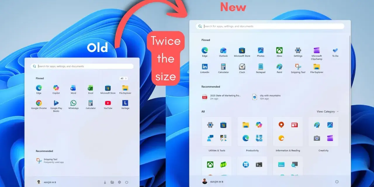 Il menu Start di Windows 11 è il doppio delle dimensioni di quello di Windows 10, con un layout più ampio e organizzato.