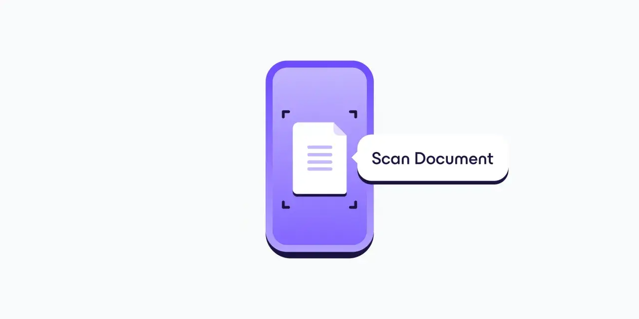 Icona stilizzata di uno smartphone viola con un documento e la scritta "Scan Document". Utile per la scansione documenti iPhone.