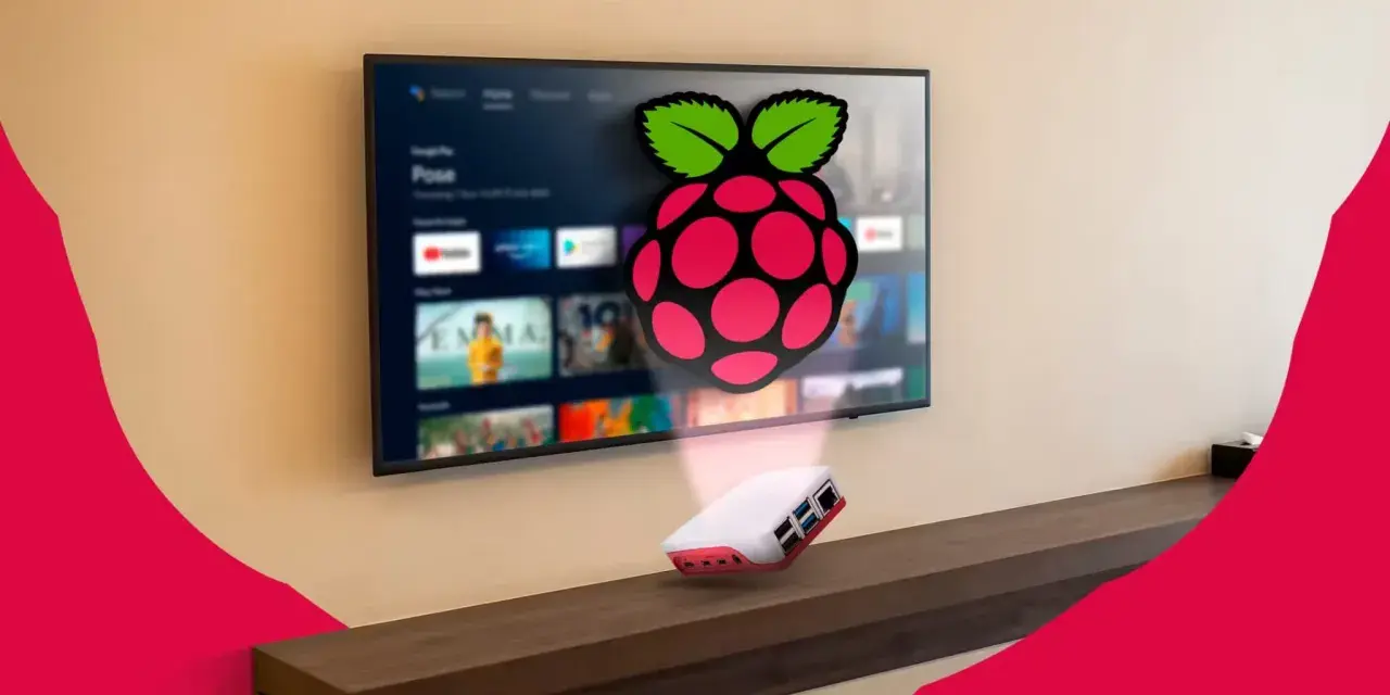 Un Raspberry Pi 3 con logo Raspberry Pi proietta un'interfaccia Android TV su uno schermo.