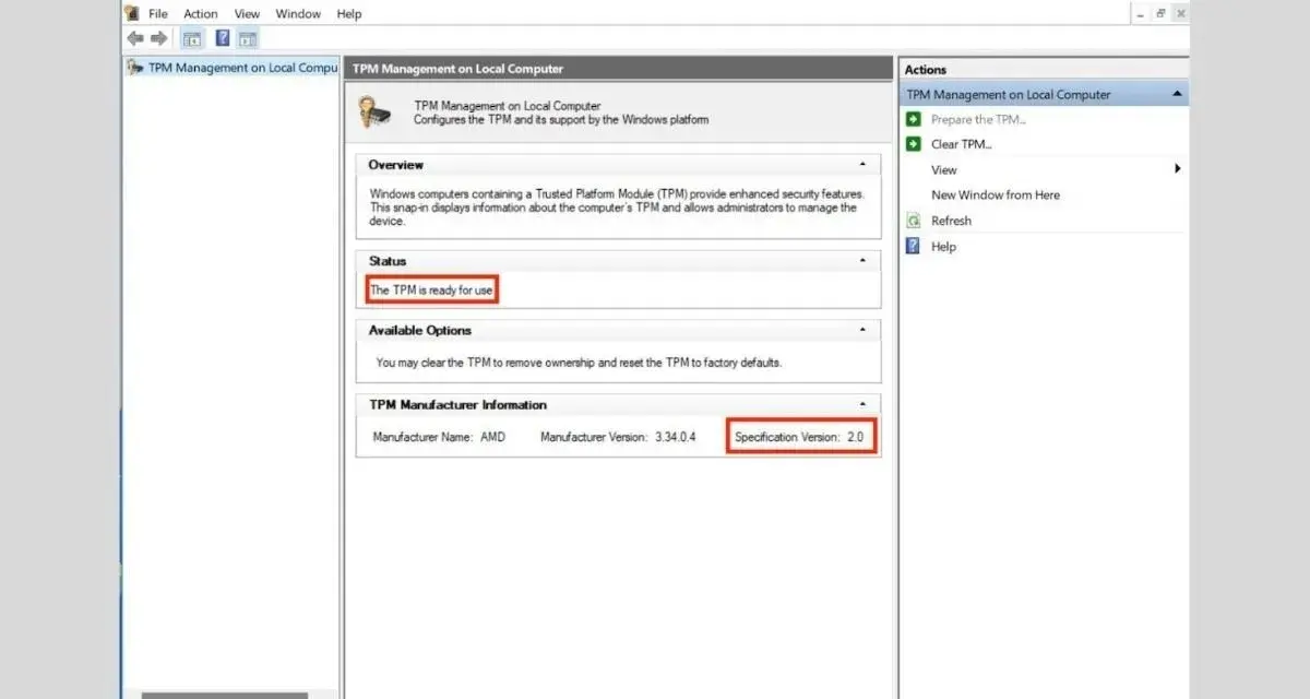 Schermata di gestione TPM: "The TPM is ready for use" e versione 2.0. Utile per abilitare TPM 2.0 nel PC.