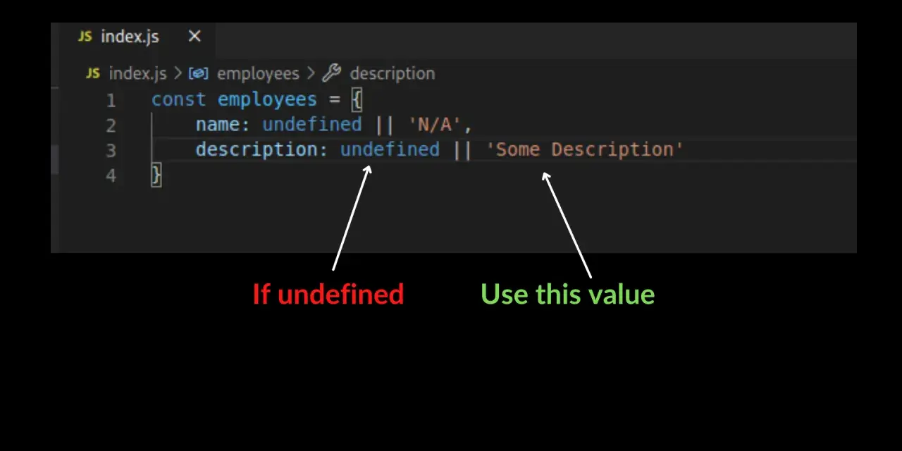 Codice JavaScript che mostra l'uso dell'operatore ternario per assegnare un valore di default se la variabile è undefined.