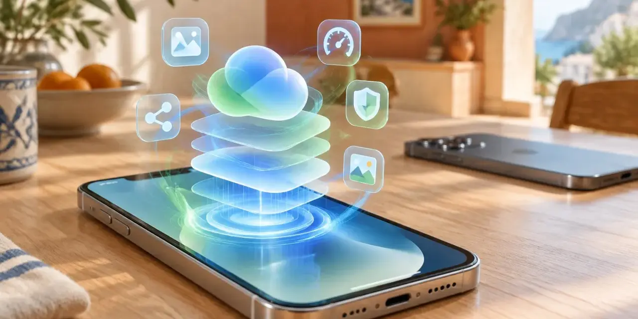 Un iPhone mostra un'interfaccia con icone di app e una nuvola digitale, simboleggiando la connettività e le funzionalità di iOS 27.