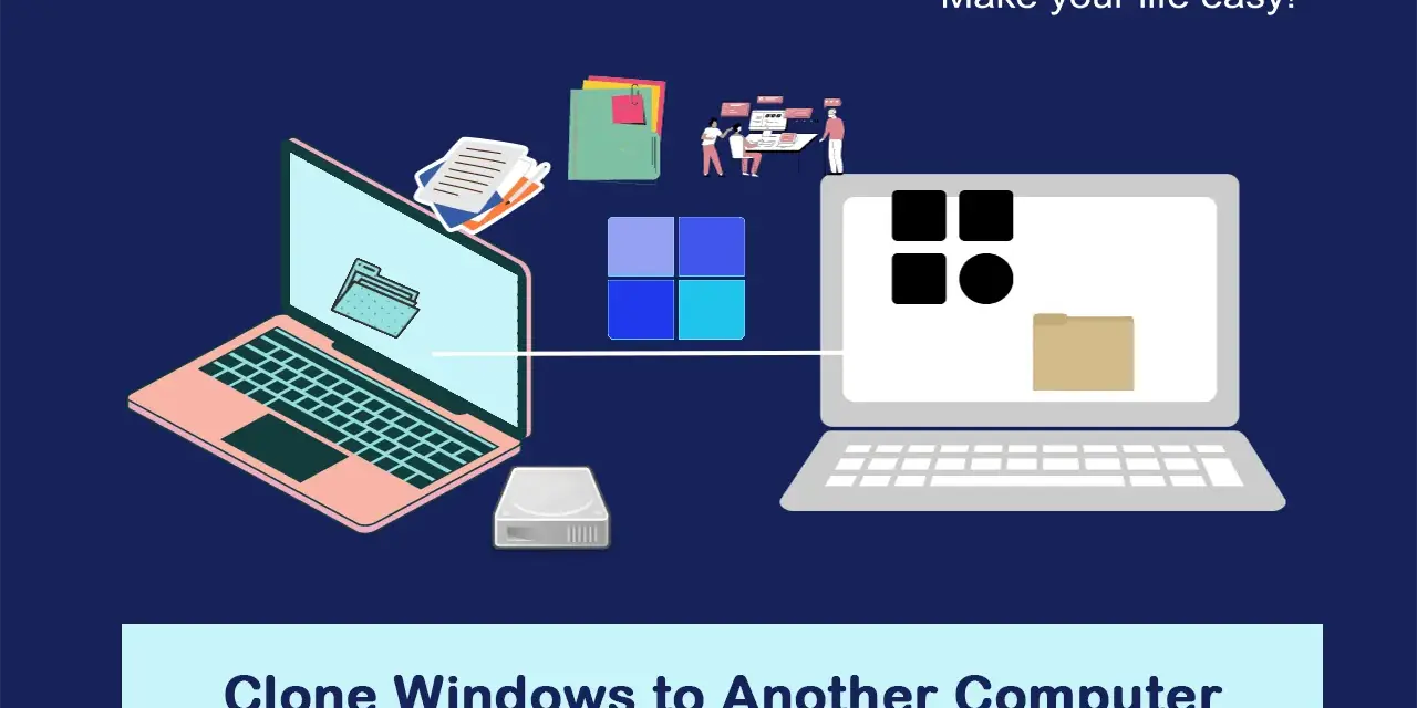 Per clonare PC su altro PC, un laptop rosa trasferisce dati a uno grigio tramite un disco esterno.