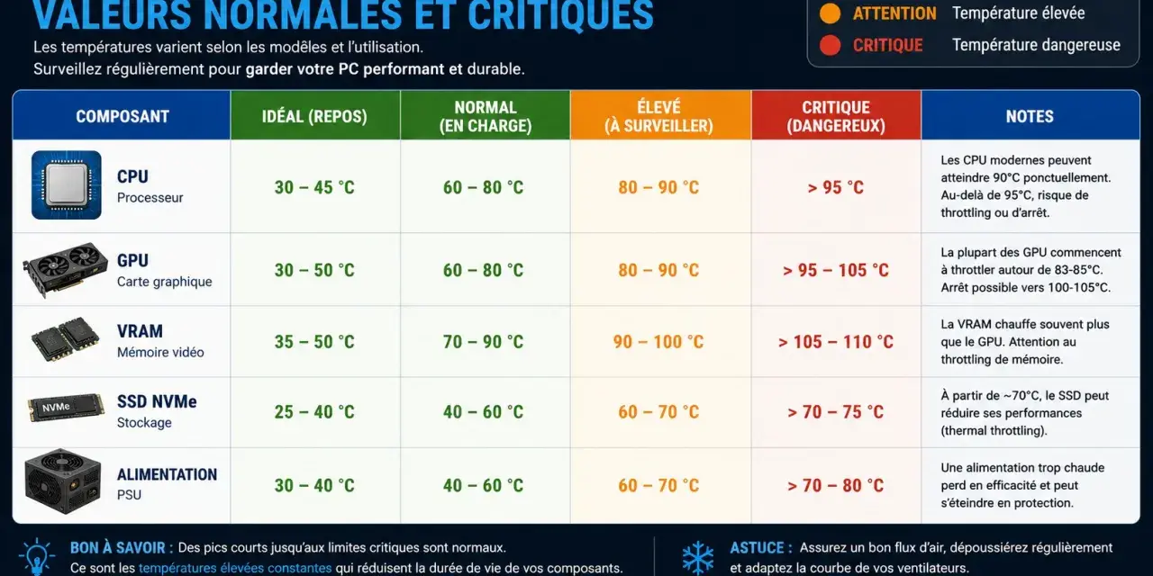 Grafico che mostra le temperature normali e critiche dei componenti del PC: CPU, GPU, VRAM, SSD, PSU. Monitorare la temperatura pc è fondamentale.