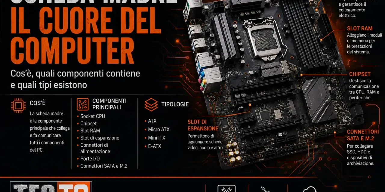 La scheda madre, il cuore del computer, collega tutti i componenti. L'immagine mostra i suoi elementi: CPU, RAM, Chipset e connettori.
