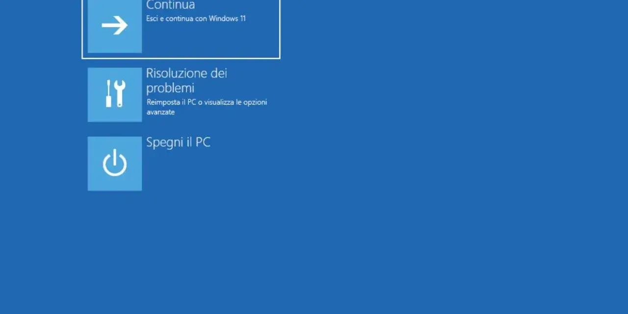 Schermata di scelta opzioni Windows: Continua, Risoluzione problemi o Spegni PC. Utile in modalità provvisoria.