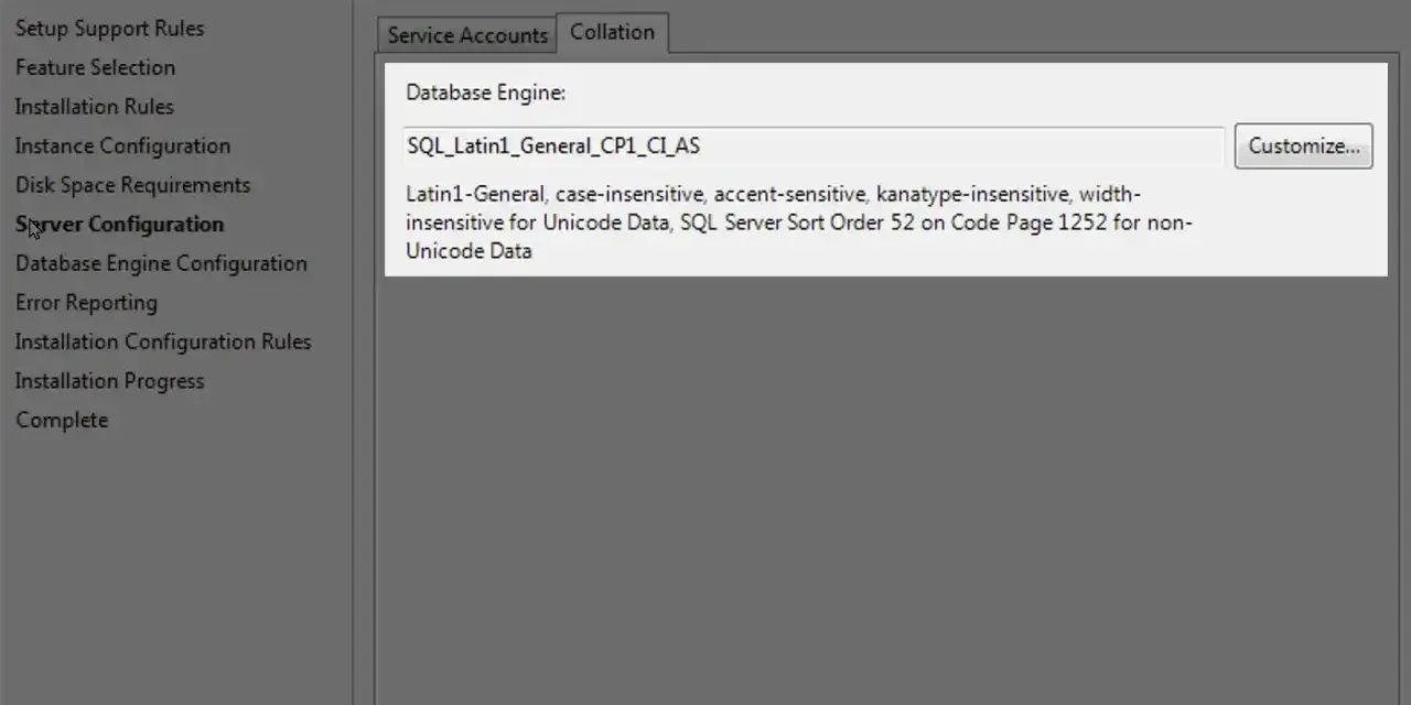 Configurazione server SQL: impostazione del collate Latin1-General_CP1_CI_AS, sensibile alle maiuscole/minuscole e agli accenti.