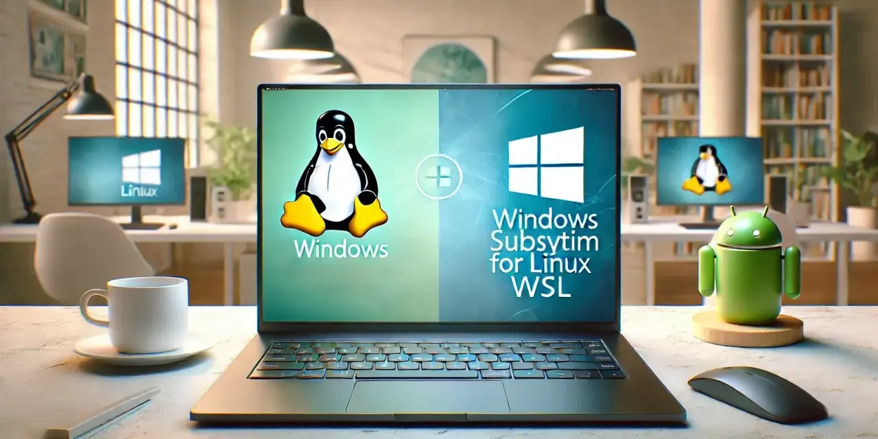 Laptop con Tux (Linux) e logo Windows, che mostra il sottosistema Windows per Linux (WSL). Un'area di lavoro che gestisce il file di paging.