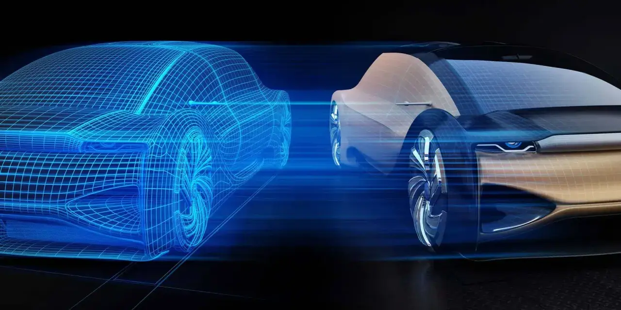 Un'auto futuristica in wireframe blu si confronta con il suo gemello digitale, mostrando la transizione dal virtuale al reale.