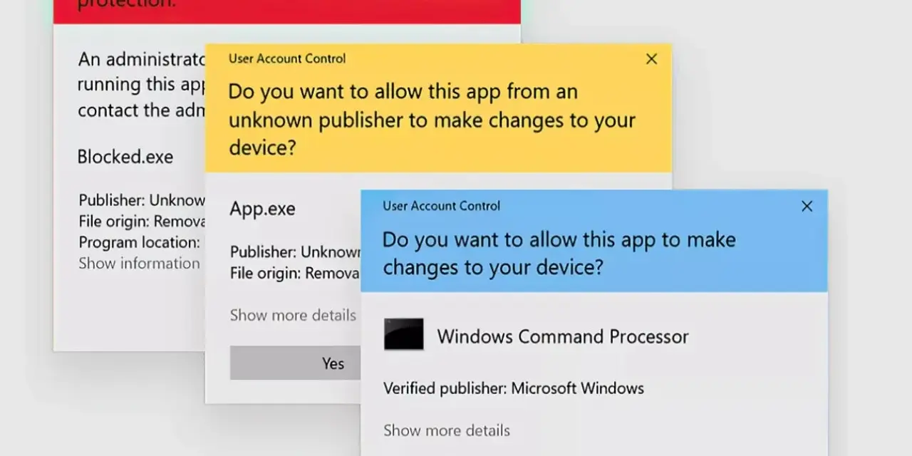 Finestre di dialogo di Windows 10 che richiedono privilegi amministratore per l'installazione di app.