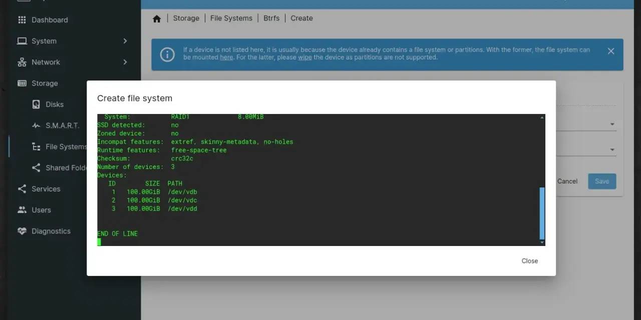 Interfaccia di openmediavault per creare un filesystem RAID1 con tre dischi da 100GB.