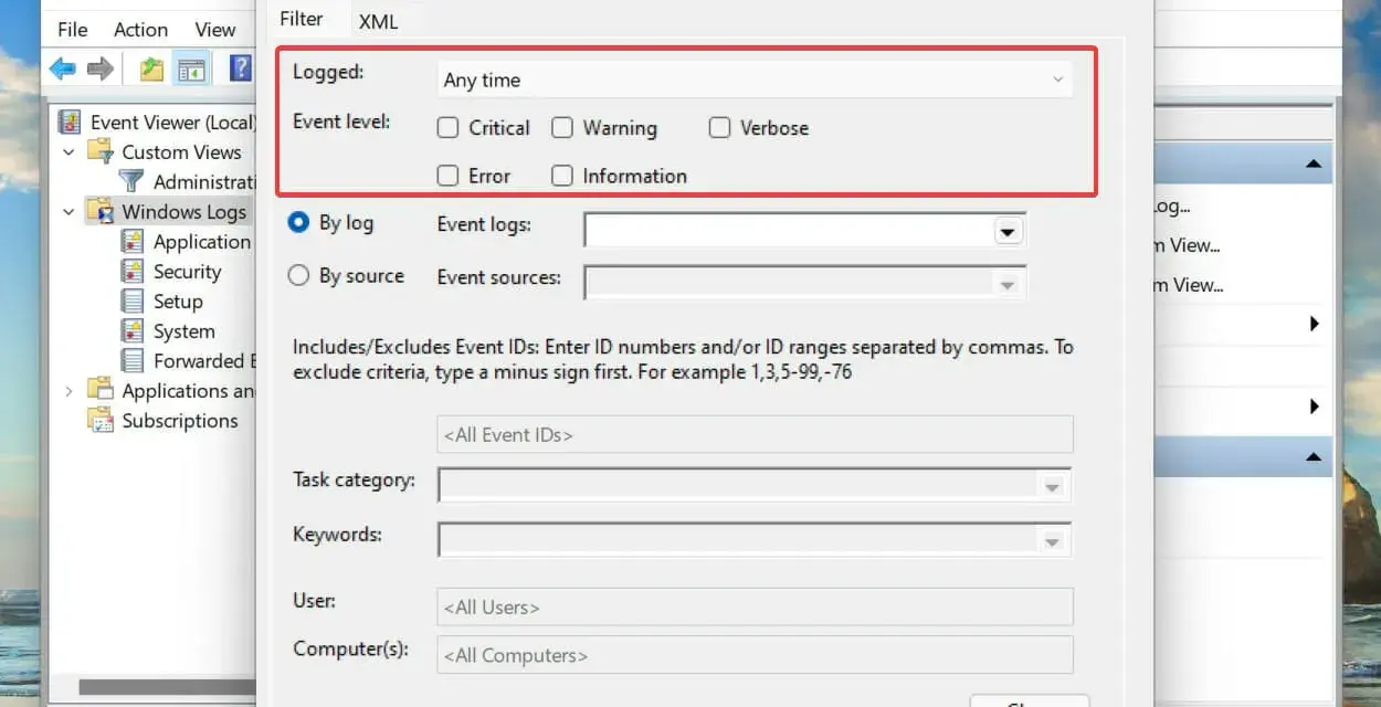 Finestra "Crea vista personalizzata" per il registro eventi Windows. Permette di filtrare per livello, sorgente, ID evento, categoria, parole chiave, utente e computer.