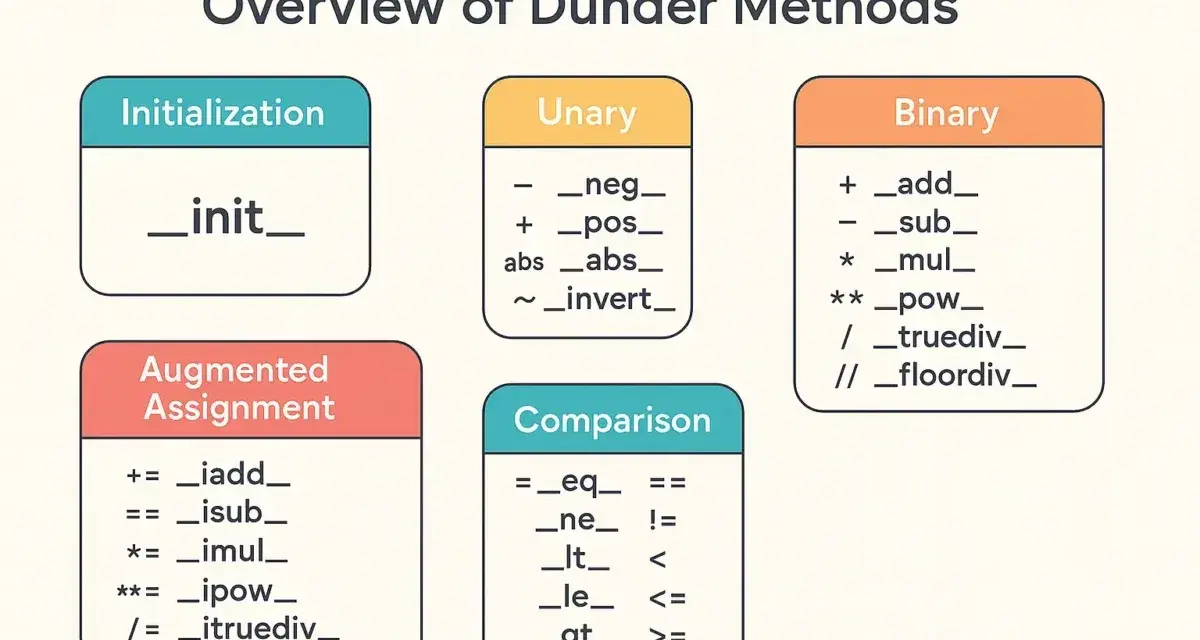 Panoramica dei dunder methods in Python: inizializzazione (__init__), unari, binari, assegnamento aumentato e comparazione.
