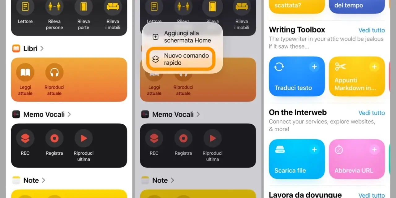 Schermate di iPhone che mostrano la creazione di comandi rapidi. Un pulsante evidenzia "Nuovo comando rapido".