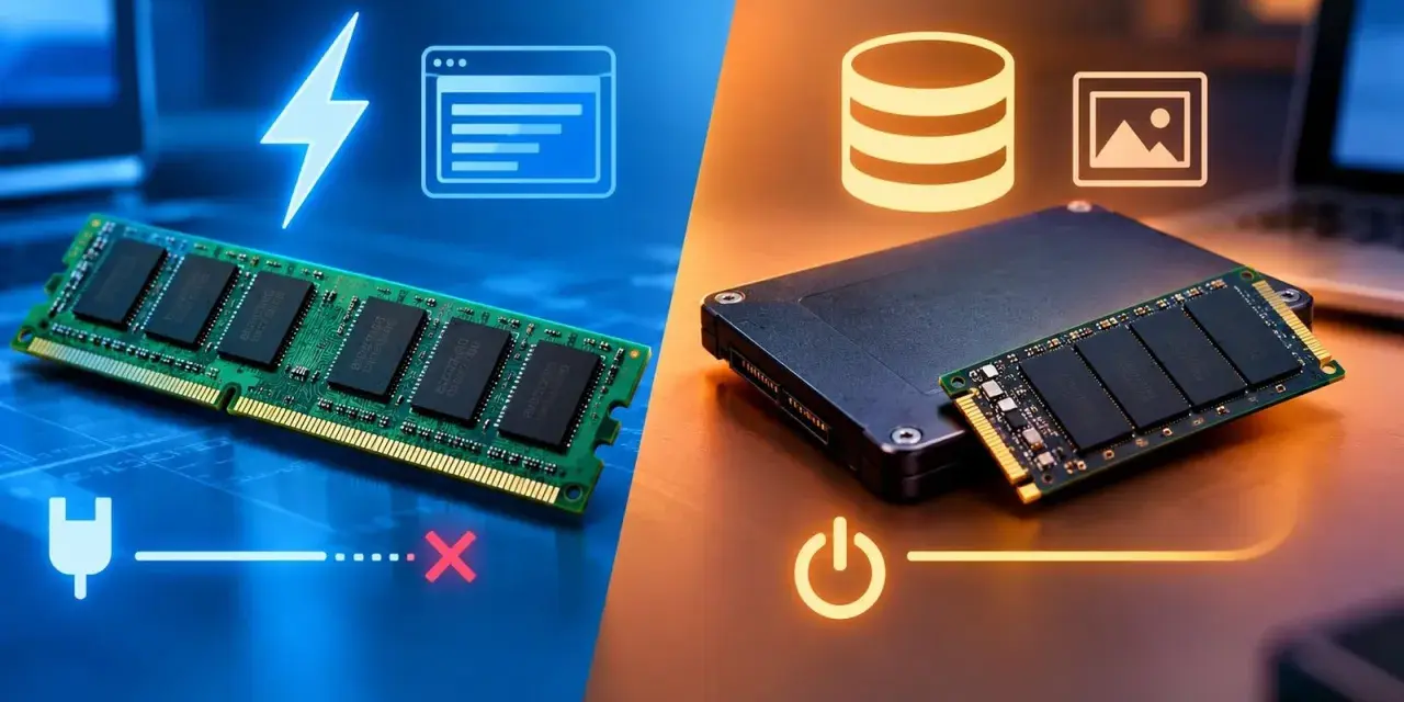Un modulo di ram memoria volatile, veloce ma effimera, contrapposto a un SSD, più lento ma permanente.