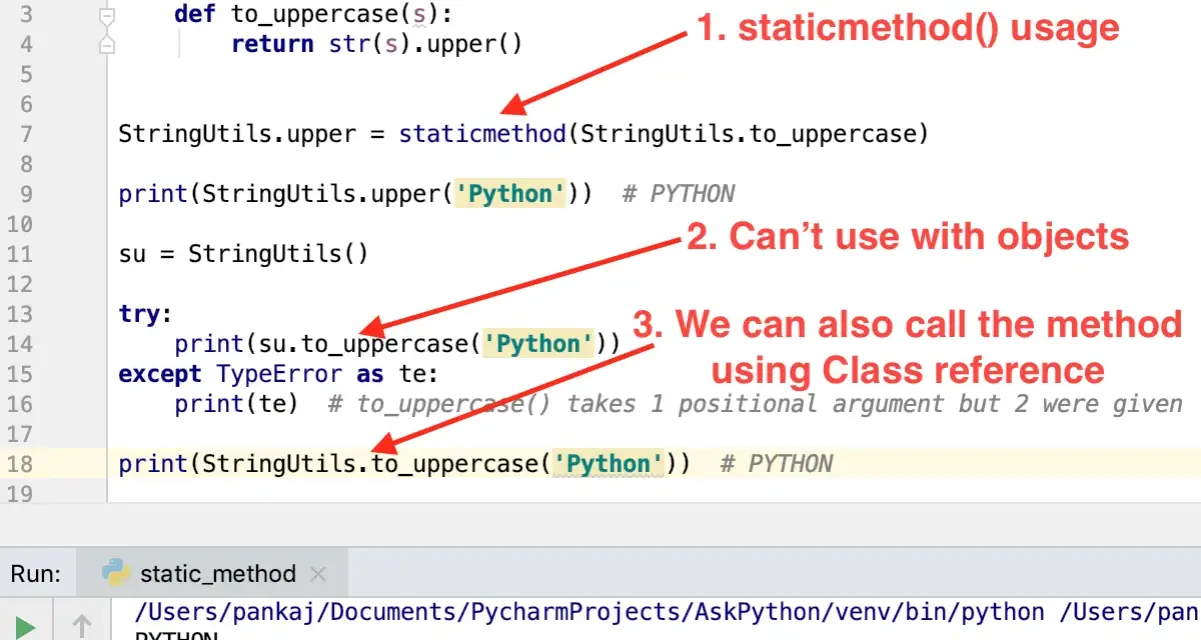 Esempio di python static method: mostra come usarlo, che non funziona con oggetti e come chiamarlo tramite la classe.