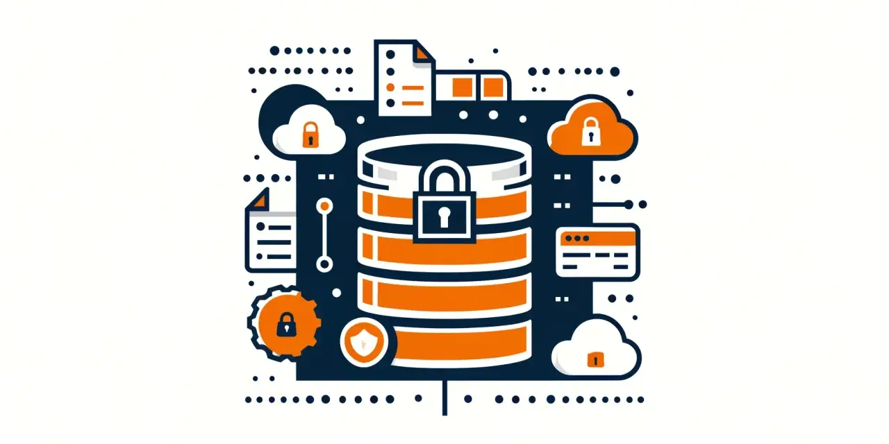 Icone di sicurezza informatica: database protetto, cloud, documenti e ingranaggi.
