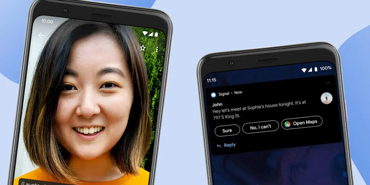 Due smartphone Android mostrano un volto sorridente e una notifica con suggerimenti intelligenti, dimostrando l'intelligenza del sistema Android.