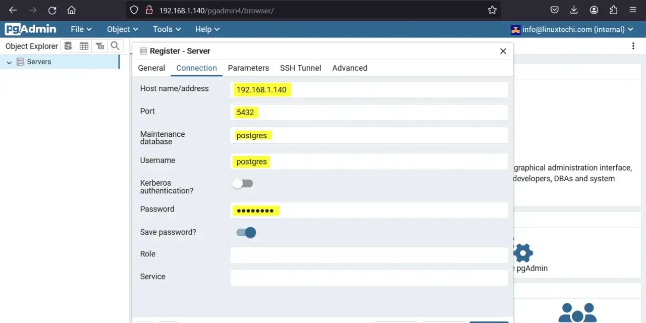 Configurazione server PostgreSQL su Ubuntu tramite pgAdmin 4. Inseriti indirizzo IP 192.168.1.140, porta 5432, utente e database postgres.
