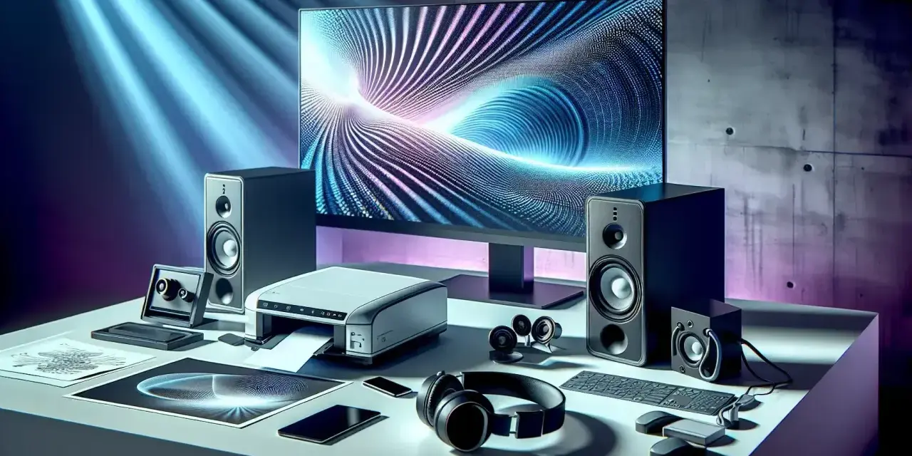 Scrivania con monitor, stampante, altoparlanti e cuffie. Ogni periferica di output contribuisce a creare un'esperienza multimediale completa.