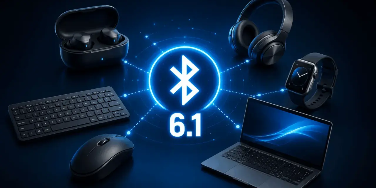 Il simbolo Bluetooth 6.1 collega cuffie, smartwatch, laptop, tastiera e mouse, mostrando il significato della connettività wireless.