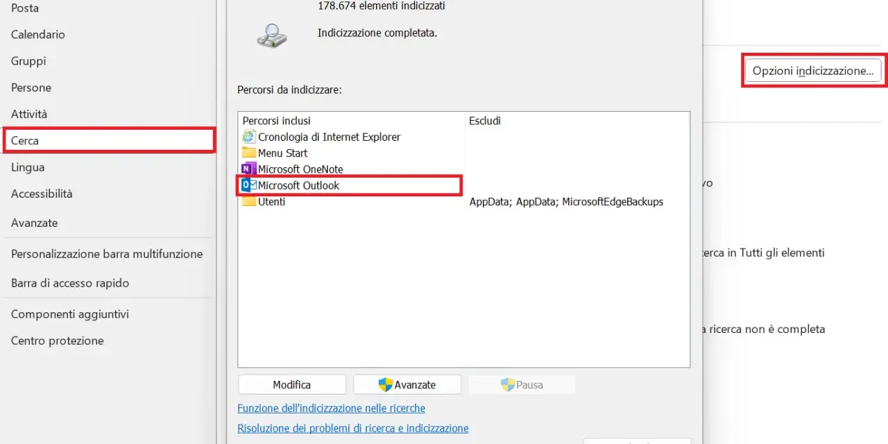 Finestra "Opzioni di indicizzazione" per attivare indicizzazione Windows 11. Selezionato "Microsoft Outlook" tra i percorsi inclusi.
