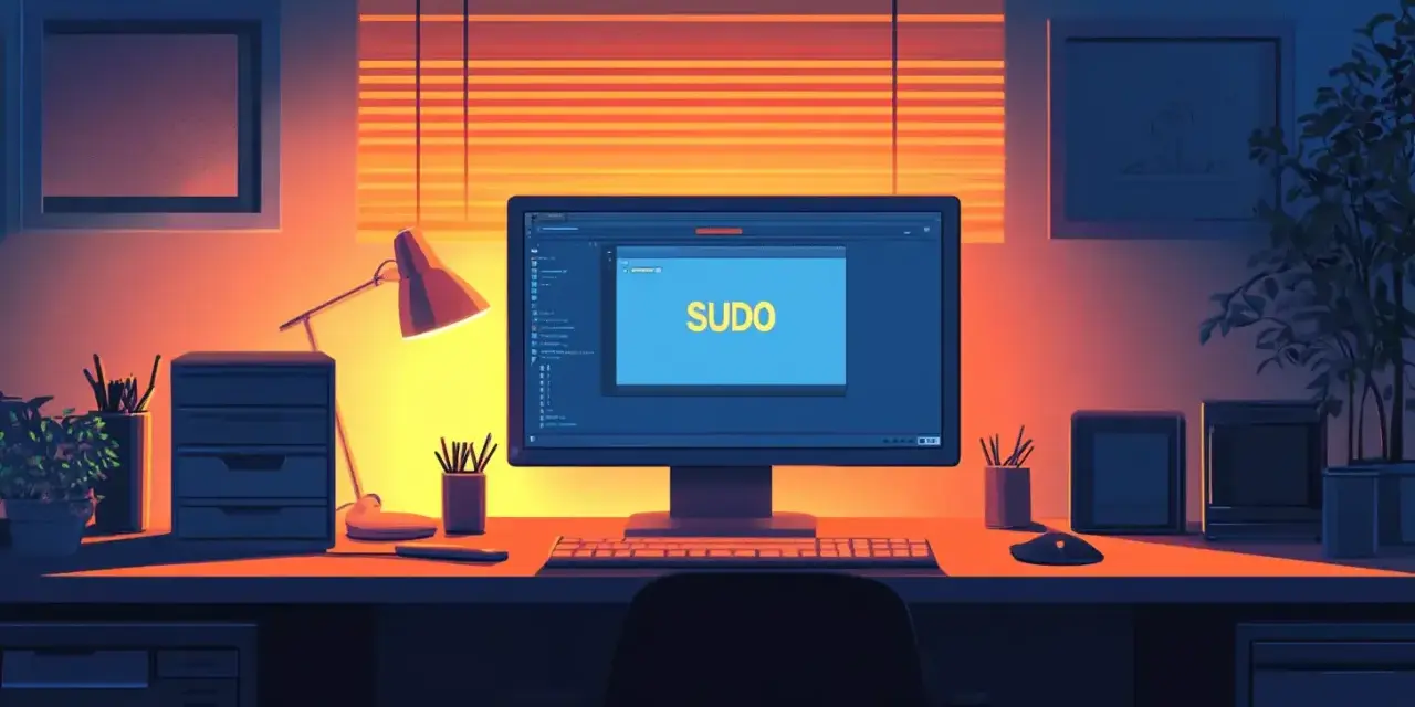 Scrivania illuminata da una lampada, con un monitor che mostra "SUDO", simbolo di accesso ai permessi di root.