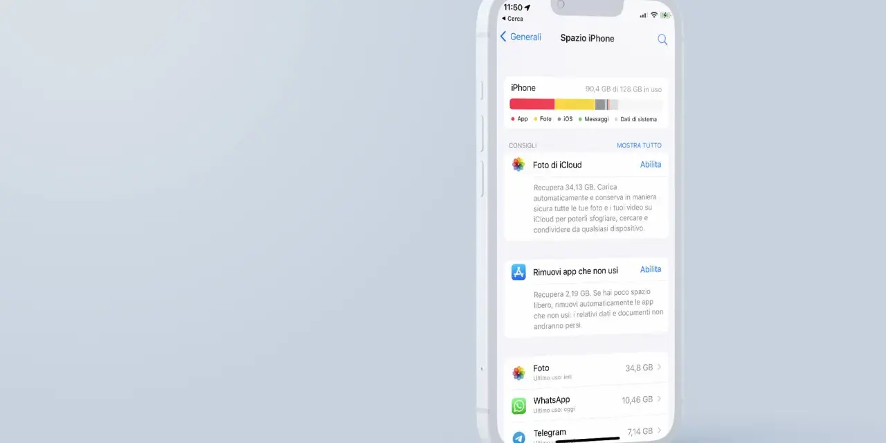 Gestione spazio iPhone: 90,4 GB usati. Suggerimenti per liberare memoria, come Foto di iCloud e rimozione app non usate.