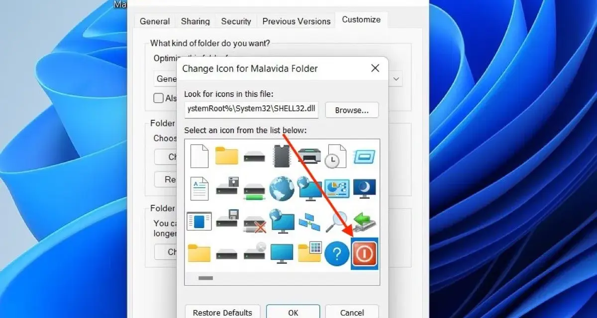 Finestra di dialogo "Cambia icona" di Windows 11, che mostra icone cartelle e altre icone di sistema.
