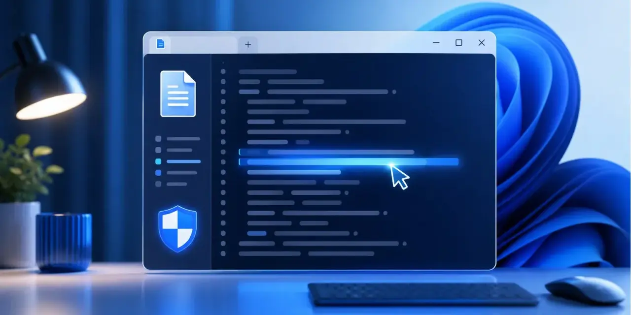Schermata di Windows 11 con codice e icona di sicurezza. Il cursore del mouse evidenzia una riga di codice.