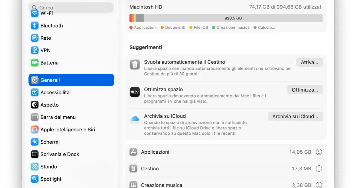 Schermata di macOS che mostra come liberare spazio su iCloud e sul Mac, con suggerimenti per ottimizzare lo spazio e archiviare file.