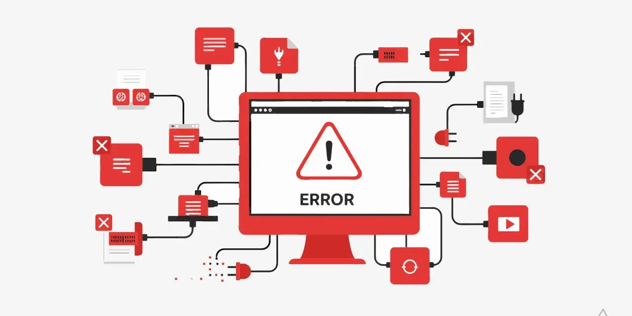 Schermo con "ERROR" e triangolo di avviso, circondato da icone rosse e grigie collegate, che illustrano il buggare significato nel mondo digitale.