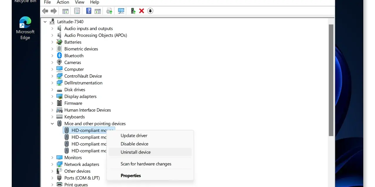Gestione dispositivi: il tasto destro del mouse non funziona. Opzione "Disinstalla dispositivo" selezionata per un driver HID.