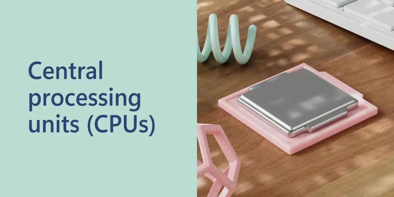 Unità di elaborazione centrale (CPU) su un tavolo di legno, con testo "Central processing units (CPUs)". Ideale per chi cerca CPU compatibili Windows 11.