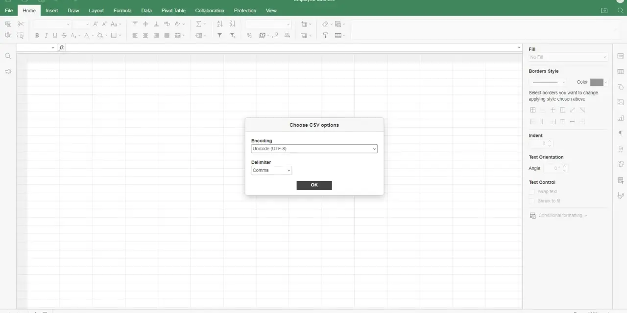Finestra di dialogo per scegliere le opzioni di codifica e delimitatore per aprire file CSV.
