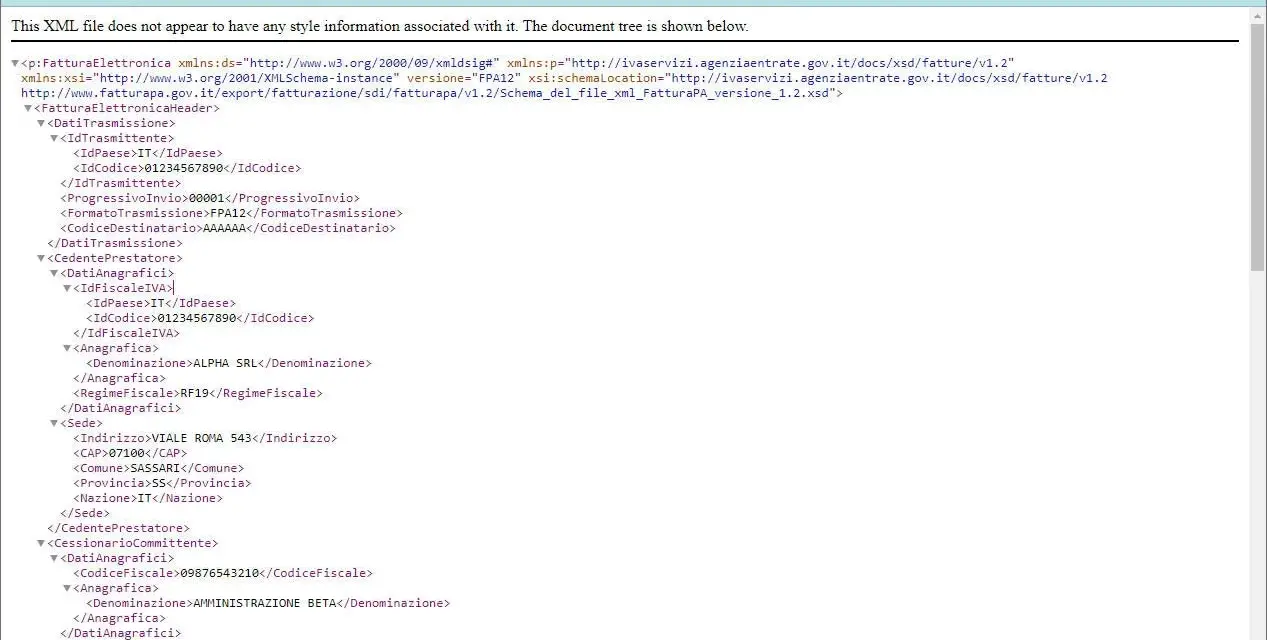 Visualizzazione struttura di un file XML per l'apertura di una fattura elettronica. Contiene dati del mittente, destinatario e dettagli fiscali.
