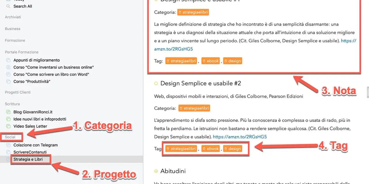 Appunti sul cellulare organizzati per categoria e progetto, con note e tag su "Strategia e Libri".