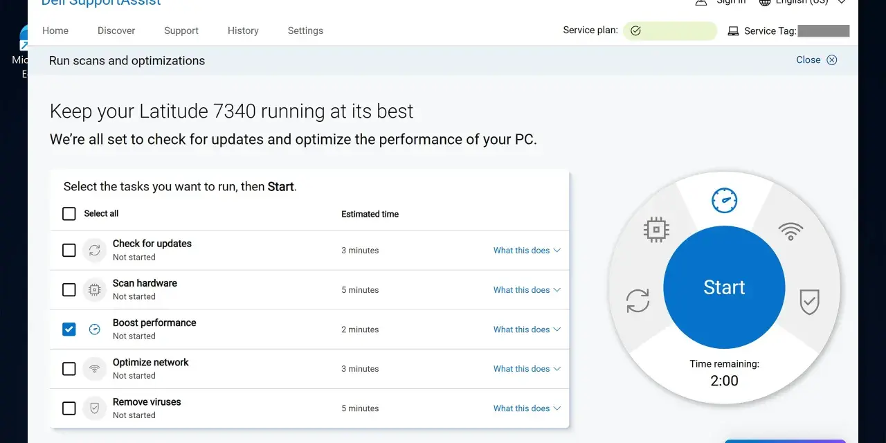Ottimizzazione prestazioni PC con Dell SupportAssist. Seleziona "Boost performance" per aumentare memoria virtuale e fluidità.
