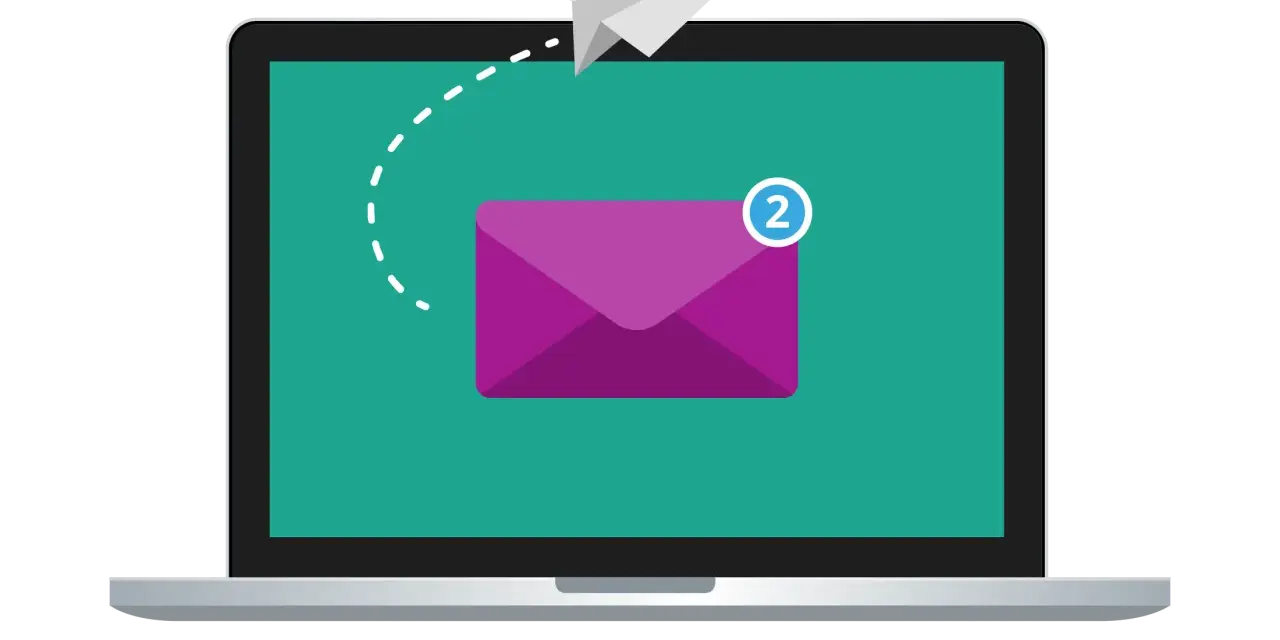 Un aereo di carta vola verso un laptop con una busta viola e un numero "2", illustrando che cos'è la posta elettronica.