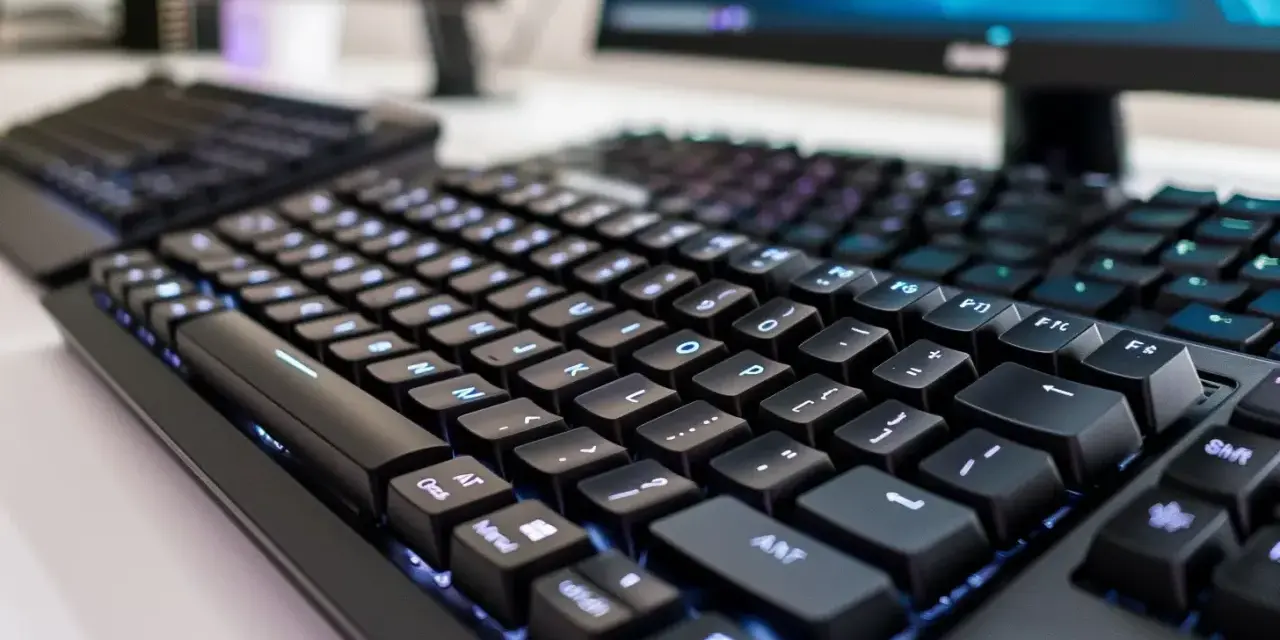 Tastiera nera retroilluminata, perfetta per imparare come fare il trattino basso sul computer.