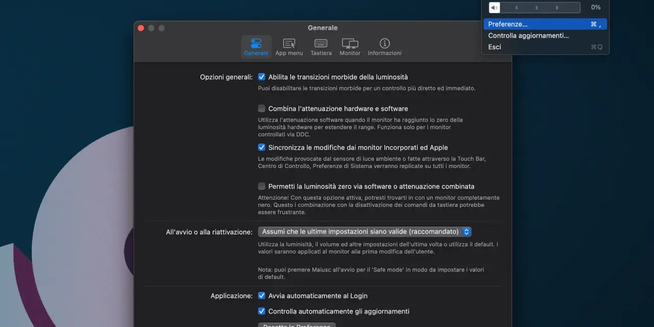 Impostazioni di sistema per come regolare la luminosità dello schermo. Opzioni generali per le transizioni morbide e sincronizzazione monitor.