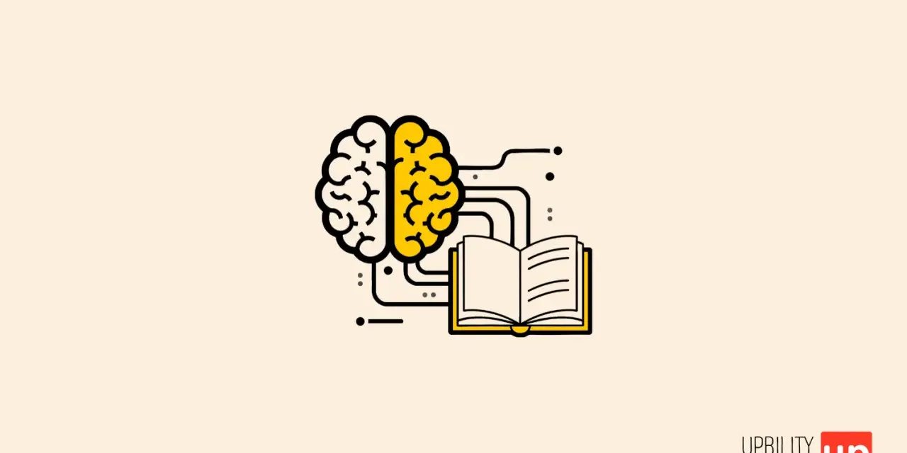 Cervello stilizzato collegato a un libro aperto, simbolo di apprendimento e memoria permanente.